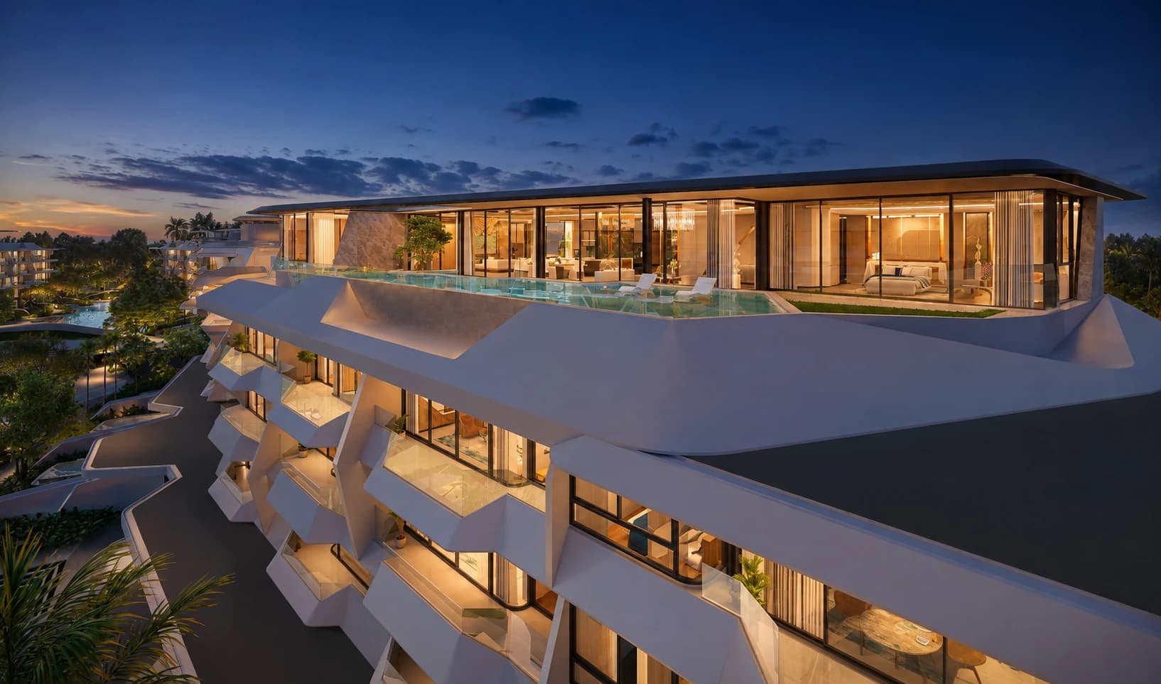 HYTHE penthouse façade at dusk